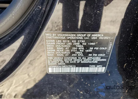 2021 Volkswagen Atlas 3.6L V6 Se W/Technology R-Line from USA, damaged, VIN 1V2RR2CA1MC575613